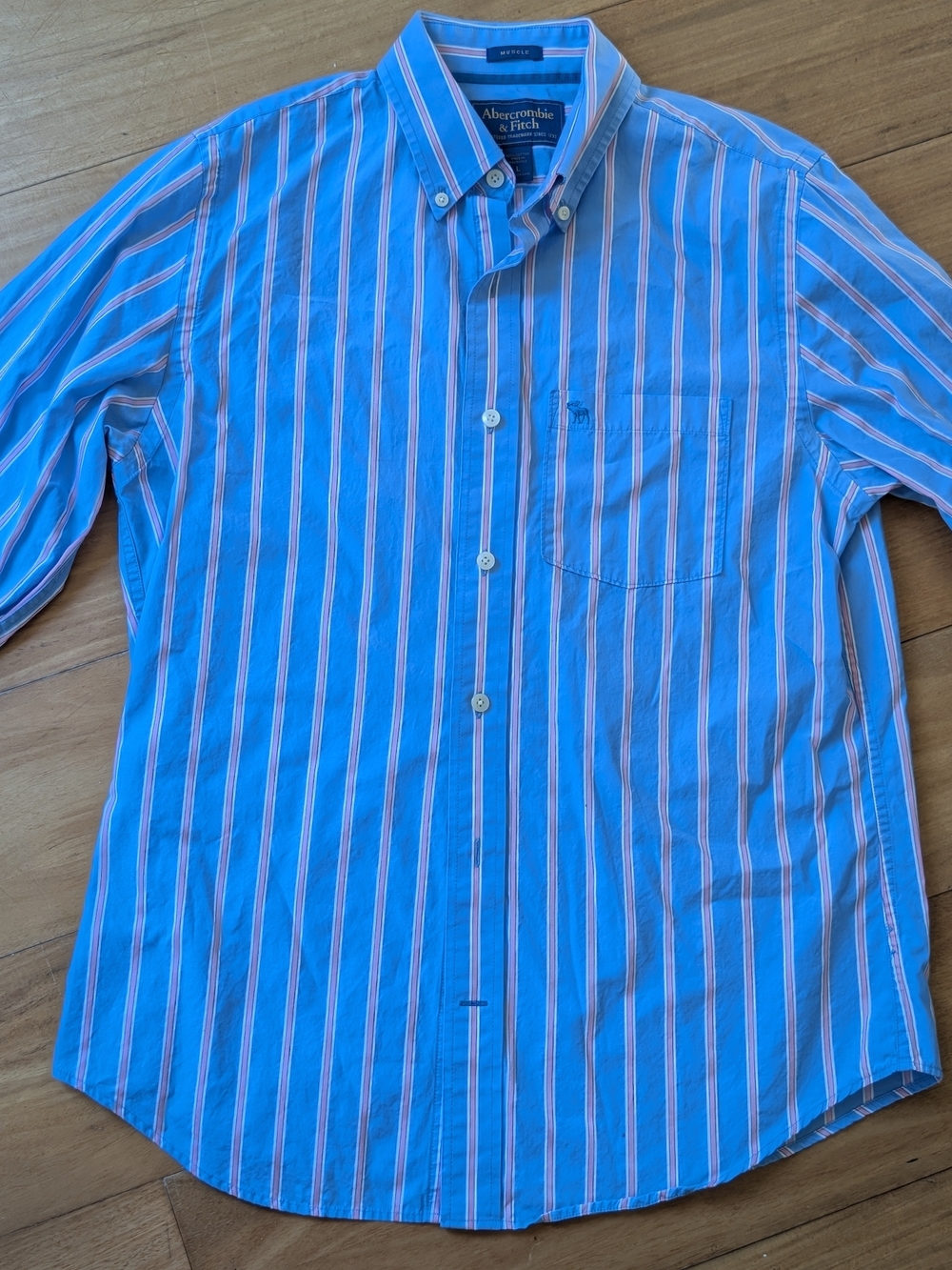 Y2K Abercrombie & Fitch Blue Striped Button-Down Shirt with White & Pink Accents